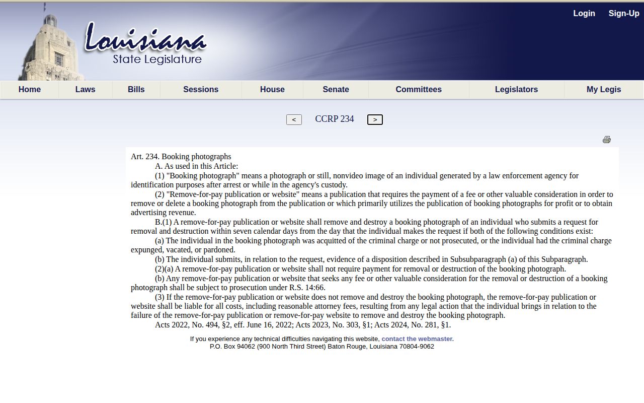 Louisiana Legislature page for the booking photograph statute